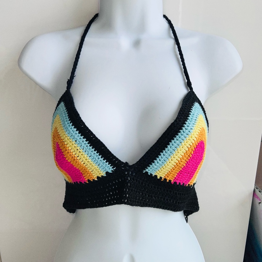 Multicolor Rainbow Crochet Triangle Bikini Halter Top DOLLS KILL NWT